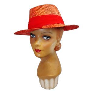 Vintage 70s 80s Orange Red Straw Fedora Hat